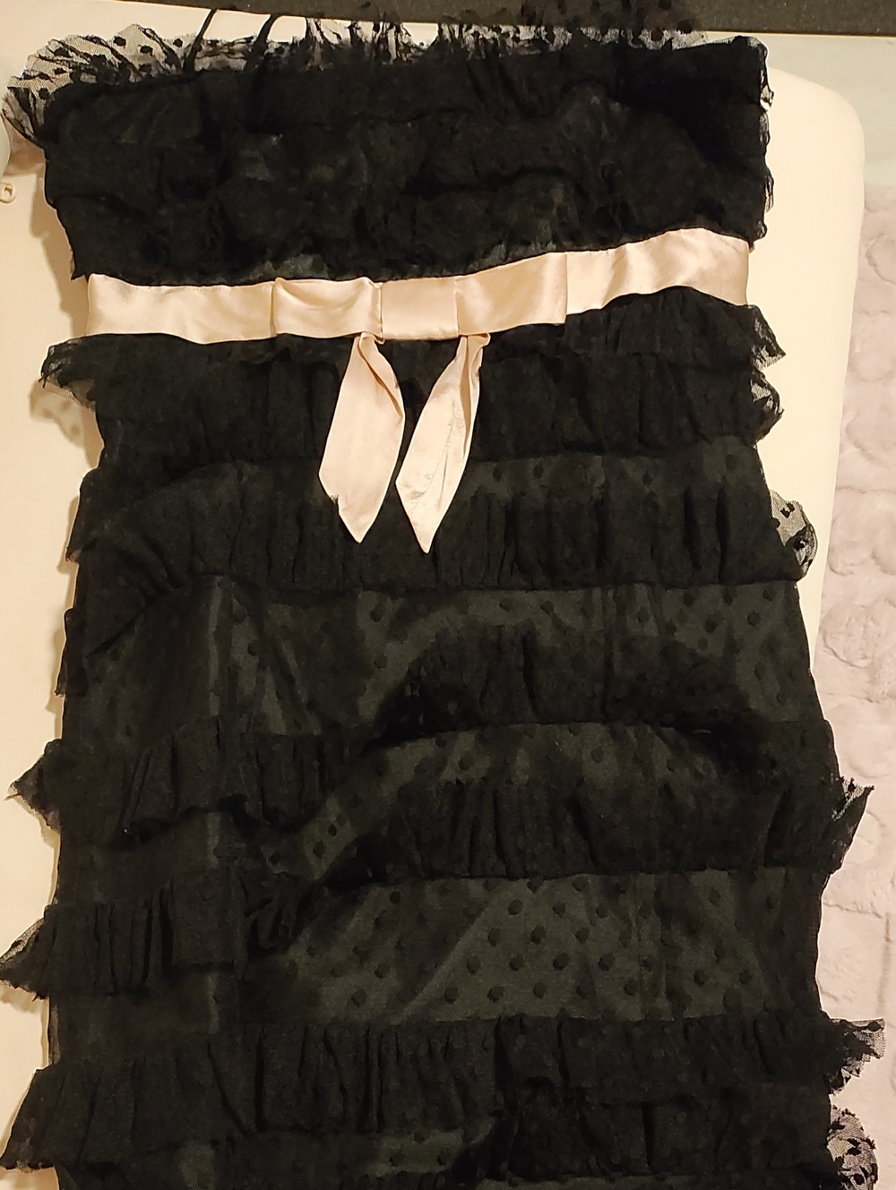 Betsey Johnson Black Strapless Ruffle Dress with Cream Satin Waist Bow